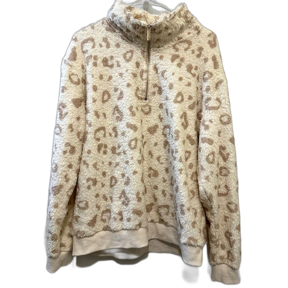 Curves N Combatboots Leopard Sherpa Pullover Half Zip Fuzzy Jacket Women’s XL